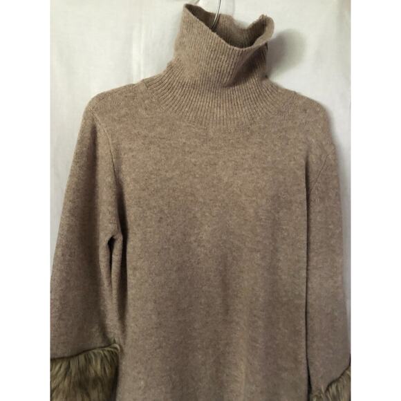Boston Proper Tan Knit Pullover Turtleneck Dress with faux fur sleeve ends Sz L - Picture 7 of 9